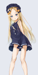 Rule 34 | 1girl, abigail williams (fate), absurdres, alternate costume, arms behind back, bare shoulders, black bow, blonde hair, blue dress, blue eyes, blue hat, blush, bow, buttons, casual, commentary request, contemporary, dress, fate/grand order, fate (series), forehead, hair bow, hat, highres, legs, long hair, looking at viewer, multiple hair bows, open mouth, orange bow, parted bangs, polka dot, polka dot bow, sailor collar, sakazakinchan, simple background, solo, thighs