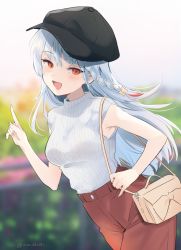Rule 34 | 1girl, bag, bare arms, black hat, blue archive, blue hair, blurry, blurry background, braid, commentary, cowboy shot, day, hand up, haruna (blue archive), hat, highres, ica, index finger raised, long hair, looking at viewer, open mouth, orange eyes, outdoors, pants, red pants, ribbed shirt, shirt, shirt tucked in, shoulder bag, side braid, sleeveless, sleeveless shirt, smile, solo, twitter username, white shirt