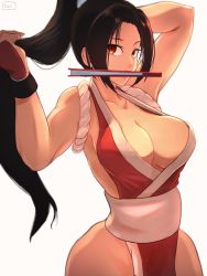 Rule 34 | 1girl, breasts, brown hair, cleavage, fatal fury, hand fan, highres, large breasts, long hair, ninja, pelvic curtain, ponytail, shiranui mai, sleeveless, the king of fighters, wide hips, yuenibushi