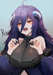 Rule 34 | 1girl, absurdres, ahoge, blue horns, breasts, broken horn, claw pose, cleavage, clothing cutout, fur trim, gao, grey horns, highres, horns, large breasts, long hair, multicolored horns, open mouth, orange eyes, oumiya emma, prism project, purple hair, see-through, see-through cleavage, shoulder cutout, slit pupils, solo, teeth, twitter username, two-tone horns, upper body, upper teeth only, virtual youtuber, wawamachi (wawamachis)