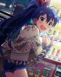 Rule 34 | 10s, 1girl, :o, antenna hair, artist request, black hair, blue eyes, blush, bottle, can, canned coffee, cape, city, cutoffs, denim, denim shorts, diffraction spikes, drink can, earrings, fang, fringe trim, from behind, ganaha hibiki, hair ribbon, high ponytail, hoop earrings, idolmaster, idolmaster (classic), idolmaster million live!, jewelry, long hair, long sleeves, looking at viewer, looking back, musical note, official art, open mouth, outdoors, plaid, plaid shirt, ponytail, quaver, ribbon, shirt, short shorts, shorts, smile, solo, sparkle, vending machine, wavy mouth