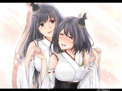 Rule 34 | 2girls, :d, ^ ^, aga marino, bare shoulders, black hair, blush, breasts, closed eyes, couple, detached sleeves, female focus, fusou (kancolle), hair between eyes, hair ornament, hands up, happy, holding another&#039;s wrist, holding hands, japanese clothes, kantai collection, large breasts, letterboxed, long hair, looking at another, multiple girls, neck, nontraditional miko, open mouth, red eyes, shadow, short hair, smile, twitter username, upper body, white detached sleeves, wide sleeves, yamashiro (kancolle), yuri