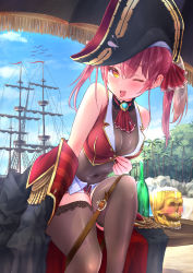 Rule 34 | 1girl, absurdres, alcohol, bare shoulders, beach, belt, belt buckle, black choker, black coat, black hat, black leotard, boat, bow, bowtie, breasts, brooch, brown belt, buckle, choker, cleavage, coat, covered navel, cropped vest, dokuro-kun (houshou marine), drunk, ecoheeky kimos, feet out of frame, frilled choker, frilled sleeves, frills, hair between eyes, hat, highres, hololive, houshou marine, houshou marine (1st costume), jewelry, leotard, leotard under clothes, looking at viewer, ocean, one eye closed, open mouth, red bow, red bowtie, red eyes, sake, sand, see-through, see-through cleavage, see-through leotard, ship, sitting, skindentation, skirt, skull, sleeves past wrists, solo, table, tongue, tongue out, tree, twintails, vest, virtual youtuber, watercraft, yellow eyes
