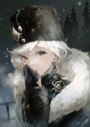 Rule 34 | 1girl, black gloves, black hat, black sky, blue coat, coat, covering own mouth, eternity (reverse:1999), fur-trimmed coat, fur-trimmed sleeves, fur hat, fur trim, gloves, hand over own mouth, hands up, hat, hat ornament, highres, infinity (infinit60161369), long hair, night, night sky, official alternate costume, papakha, reverse:1999, sky, snow, solo, steam from mouth, tree, turtleneck, upper body, white hair, yellow eyes