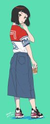 Rule 34 | 1girl, artist name, black hair, blue nails, blue skirt, blunt bangs, blunt ends, bob cut, casual, closed mouth, coffee cup, commentary, cup, dated, denim, denim skirt, disposable cup, fila, from behind, frown, full body, girls und panzer, green background, green eyes, hand on own chin, highres, holding, holding cup, logo, long skirt, looking at viewer, looking back, nail polish, nishihara yasoko, no socks, red footwear, red shirt, reebok, shirt, shoes, short hair, short sleeves, signature, simple background, skirt, sneakers, solo, standing, zono (inokura syuzo029)