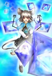 Rule 34 | 1girl, animal ears, blue cape, cape, capelet, gem, grey hair, highres, looking at viewer, medium hair, mouse ears, mouse girl, mouse tail, nazrin, red eyes, shee take, solo, tail, touhou