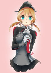 Rule 34 | 10s, 1girl, :o, absurdres, black ribbon, black skirt, blonde hair, blue eyes, blush, breasts, gloves, hair ribbon, hat, highres, kantai collection, large breasts, long hair, long sleeves, military, military uniform, miniskirt, no legs, open mouth, osisio, peaked cap, pleated skirt, prinz eugen (kancolle), ribbon, signature, skirt, solo, twintails, unfinished, uniform, white gloves