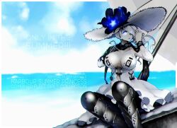 Rule 34 | 1girl, abyssal ship, anchor, armored boots, beach, beach umbrella, belt, black gloves, blue eyes, blue sky, boots, breasts, cleavage, cloud, colored skin, commentary request, day, dress, english text, flower, gloves, glowing, glowing eye, hair over one eye, hat, hat flower, highres, kantai collection, large breasts, long hair, looking at viewer, ocean, open mouth, oso (toolate), outdoors, photoshop (medium), seaport summer princess, single glove, sitting, sky, solo, sun hat, thigh boots, thighhighs, umbrella, white dress, white hair, white hat, white skin