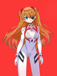 Rule 34 | 1girl, alternate breast size, artist request, bodysuit, breasts, covered navel, evangelion: 3.0+1.0 thrice upon a time, eyepatch, highres, interface headset, long hair, looking at viewer, neon genesis evangelion, pilot suit, plugsuit, rebuild of evangelion, red background, shiny clothes, small breasts, smile, solo, souryuu asuka langley, very long hair, white bodysuit