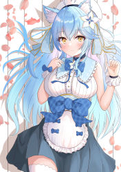 Rule 34 | 1girl, ahoge, animal ears, apron, bare shoulders, beret, black choker, black skirt, blouse, blue bow, blue bowtie, blue hair, blush, bow, bowtie, breasts, cat ears, cat girl, center frills, choker, closed mouth, cowboy shot, flower, frilled shirt, frilled shirt collar, frills, hair between eyes, hair flower, hair ornament, hat, heart, heart ahoge, highres, hololive, large breasts, long hair, looking at viewer, miniskirt, multicolored hair, onabe no shime, paw pose, ribbed shirt, shirt, skirt, sleeve cuffs, sleeveless, sleeveless shirt, smile, solo, streaked hair, thighhighs, underbust, virtual youtuber, waist apron, white hat, white shirt, white thighhighs, yellow eyes, yukihana lamy