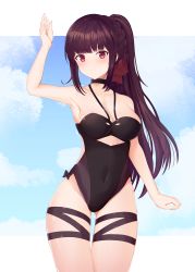 Rule 34 | 1girl, armpits, bad id, bad pixiv id, black one-piece swimsuit, bow, breasts, brown hair, casual one-piece swimsuit, choker, cleavage, collarbone, covered navel, cowboy shot, girls&#039; frontline, groin, hair bow, high ponytail, highres, long hair, looking at viewer, medium breasts, official alternate costume, one-piece swimsuit, red bow, red eyes, solo, standing, swimsuit, thigh gap, thigh strap, tio (005), very long hair, wa2000 (girls&#039; frontline), wa2000 (op. manta ray) (girls&#039; frontline)