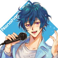Rule 34 | 1boy, :d, bishounen, blue hair, blue jacket, blush, character name, collared jacket, from argonavis, haen (wlyea), holding, holding microphone, jacket, male focus, microphone, nanahoshi ren, open mouth, purple eyes, smile, solo, upper body