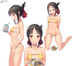 Rule 34 | 1girl, absurdres, artist name, bare arms, bare legs, bare shoulders, barefoot, bikini, black hair, blush, breasts, closed mouth, collarbone, commentary request, cup, drinking, drinking straw, eyepatch bikini, fingernails, folded ponytail, from side, full body, groin, hair ribbon, highres, holding, holding tray, kaguya-sama wa kokurasetai ~tensai-tachi no renai zunousen~, looking at viewer, midriff, milk, milk carton, multiple views, navel, parted bangs, pinky out, red eyes, red ribbon, ribbon, shinomiya kaguya, sideboob, sidelocks, simple background, small breasts, smile, standing, stomach, strapless, strapless bikini, swimsuit, tray, underboob, upper body, white background, xiaoxi0619, yellow bikini