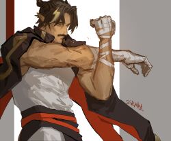 Rule 34 | 1boy, absurdres, alternate facial hair, arknights, bandaged hand, bandages, chong yue (arknights), cowboy shot, dark-skinned male, dark skin, dragon boy, dragon horns, dragon tail, facial hair, highres, horns, male focus, mature male, multicolored hair, mustache, pointy ears, scornine, sketch, streaked hair, stretching, stubble, tail, thick eyebrows, toned, toned male
