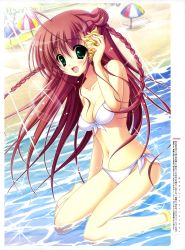 Rule 34 | 1girl, :d, absurdres, ahoge, anklet, bandeau, beach, beach umbrella, bikini, blush, braid, breasts, cleavage, front-tie top, green eyes, highres, jewelry, kneeling, mitsui mana, navel, open mouth, partially submerged, red hair, seashell, shell, side-tie bikini bottom, sitting, smile, solo, swimsuit, twin braids, umbrella, wariza, water, white bikini