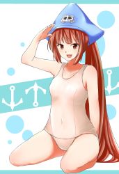 Rule 34 | 1girl, alternate color, arc system works, arm behind back, blue hat, breasts, brown eyes, brown hair, guilty gear, hat, highres, long hair, may (guilty gear), one-piece swimsuit, otsumami (otsu-mugi), pirate hat, player 2, ponytail, salute, school swimsuit, seiza, simple background, sitting, skull and crossbones, small breasts, smile, solo, swimsuit, very long hair, white one-piece swimsuit