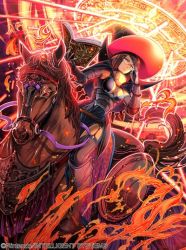Rule 34 | 1girl, adjusting eyewear, armor, armored boots, black armor, blue capelet, book, boots, brown eyes, capelet, fire, fire emblem, fire emblem awakening, fire emblem cipher, gauntlets, glasses, hat, high collar, horse, magic circle, miriel (fire emblem), nintendo, official art, red hair, short hair, toyota saori, weapon, witch hat