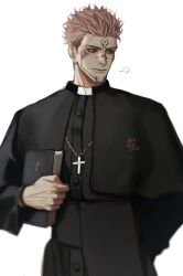 Rule 34 | 1boy, absurdres, bible (object), book, capelet, cross, cross necklace, facial tattoo, highres, holding, holding book, jewelry, jujutsu kaisen, long sleeves, male focus, necklace, priest, r5x95r13ros, red eyes, ryoumen sukuna (jujutsu kaisen), solo, tattoo