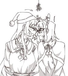 2girls antlers blush capelet chinese_commentary christmas closed_eyes closed_mouth commentary_request forehead-to-forehead greyscale hat heads_together horns kamikoshi_sorawo mistletoe monochrome multiple_girls nishina_toriko noses_touching reindeer_antlers santa_hat short_hair smile unhappyliz upper_body urasekai_picnic yuri