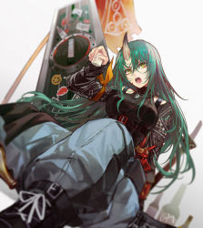 Rule 34 | 1girl, arknights, artist name, baggy pants, banner, black footwear, black shirt, breasts, buckle, clothing cutout, commentary request, csyday, cup, green hair, grey background, grey pants, hair between eyes, head tilt, highres, holding, holding cup, horns, hoshiguma (arknights), hoshiguma (ronin huntress) (arknights), long hair, long sleeves, looking at viewer, mask, medium breasts, official alternate costume, oni mask, open mouth, pants, shield, shirt, shoes, shoulder cutout, signature, single horn, sitting, skin-covered horns, sneakers, solo, strap