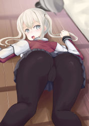Rule 34 | 10s, 1girl, absurdres, all fours, ass, blonde hair, blush, capelet, embarrassed, from behind, graf zeppelin (kancolle), grey eyes, hat, unworn hat, unworn headwear, highres, kantai collection, long hair, looking at viewer, looking back, open mouth, panties, panties under pantyhose, pantyhose, raichi (yuriya003), skirt, solo, twintails, underwear, upskirt