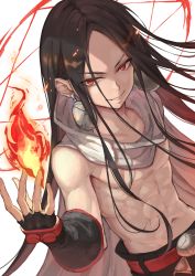 Rule 34 | 1boy, asakura hao, bad id, bad pixiv id, black gloves, black hair, black pants, brown hair, cape, commentary request, earrings, elbow gloves, fingerless gloves, fire, forehead, gloves, hand up, highres, jewelry, long hair, looking at viewer, magic circle, male focus, multicolored hair, okuma mai, pants, parted bangs, parted lips, red eyes, shaman king, simple background, smile, solo, two-tone hair, v-shaped eyebrows, very long hair, white background, white cape