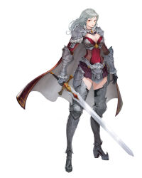 Rule 34 | 1girl, absurdres, armor, armored boots, black gloves, boots, breasts, cape, cleavage, closed mouth, collar, commentary, cuisses, ddcc0123, english commentary, faulds, frilled collar, frilled skirt, frills, full body, gloves, grey hair, highres, holding, holding sword, holding weapon, large breasts, light blush, lips, long hair, long sleeves, looking at viewer, looking to the side, original, pauldrons, pink lips, poleyn, purple skirt, red bodice, red cape, shoulder armor, simple background, skirt, solo, standing, sword, tachi-e, vambraces, weapon, white background, yellow eyes