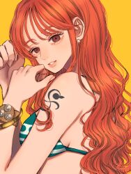 Rule 34 | 1girl, absurdres, bags under eyes, bikini, bracelet, breasts, brown eyes, clima-tact, earrings, eyelashes, highres, jewelry, medium breasts, nami (one piece), nami (one piece) (post-timeskip), norimaki (seidan0611), one piece, orange hair, parted lips, shoulder tattoo, sideboob, simple background, solo, swimsuit, tattoo, upper body, wavy hair, yellow background