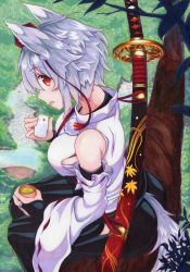 Rule 34 | 1girl, animal ears, arched back, ass, back, baggy pants, bandages, bare shoulders, branch, breasts, bridal gauntlets, commentary request, cup, detached sleeves, food, food on face, from above, from side, grey hair, hat, highres, hip vent, holding, holding cup, holding food, inubashiri momiji, japanese clothes, kittona, leaf, looking at viewer, medium breasts, millipen (medium), neck, onigiri, open mouth, painting (medium), pants, pom pom (clothes), red eyes, ribbon-trimmed sleeves, ribbon trim, sarashi, sheath, sheathed, shirt, short hair, sideboob, sideways glance, sitting, sitting on branch, sleeveless, sleeveless shirt, solo, sword, tail, tokin hat, touhou, traditional media, watercolor (medium), watercolor pencil (medium), weapon, weapon on back, white shirt, wide sleeves, wolf ears, wolf tail