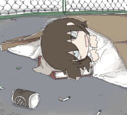 Rule 34 | 1girl, bags under eyes, book, book pillow, brown hair, can, cardboard, chain-link fence, cigarette butt, fang, fence, grey eyes, homeless, looking at viewer, lying, medium hair, on ground, on side, open mouth, original, outdoors, solo, torosakana, trembling, under covers, wavy mouth