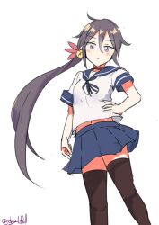 Rule 34 | 1girl, absurdres, akebono (kancolle), akebono kai (kancolle), bell, black thighhighs, blue sailor collar, blue skirt, feet out of frame, flower, hair bell, hair flower, hair ornament, hand on own hip, highres, jingle bell, kantai collection, long hair, one-hour drawing challenge, pleated skirt, purple eyes, purple hair, robinson (day l full), sailor collar, school uniform, serafuku, short sleeves, side ponytail, simple background, skirt, solo, thighhighs, twitter username, very long hair, white background
