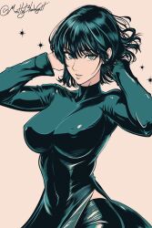 Rule 34 | 1girl, breasts, dress, fubuki (one-punch man), green dress, green eyes, green hair, highres, large breasts, light smile, lips, long sleeves, looking at viewer, mostlybluewyatt, navel, one-punch man, short hair, simple background, solo, twitter username