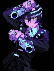 Rule 34 | 1boy, arm up, artist name, black background, black hair, black jacket, collared shirt, commentary, death the kid, gun, hair between eyes, hand up, handgun, highres, holding, holding gun, holding weapon, jacket, male focus, par0llel, parted lips, pistol, shirt, short hair, simple background, solo, soul eater, symbol-only commentary, upper body, weapon, white shirt, yellow eyes