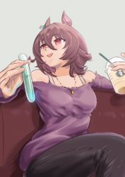 Rule 34 | 1girl, :d, agnes tachyon (umamusume), animal ears, bare shoulders, black pants, brown eyes, brown hair, cup, drinking straw, earrings, grey background, holding, holding cup, horse ears, horse girl, jewelry, long sleeves, milkshake, necklace, off-shoulder shirt, off shoulder, open mouth, pants, pink mousse, purple shirt, shirt, short hair, sitting, smile, solo, umamusume