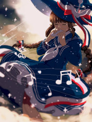 Rule 34 | 1girl, blurry, braid, brown hair, capter, closed eyes, dress, funamusea, hat, highres, instrument, musical note, ocarina, oounabara to wadanohara, pointy ears, quaver, sailor collar, sailor dress, sidelocks, solo, tears, treble clef, twin braids, wadanohara, witch hat