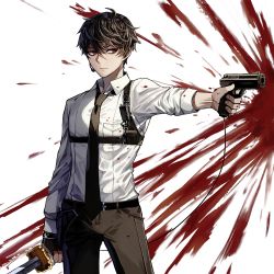 Rule 34 | 1boy, arm at side, bad id, bad pixiv id, belt, belt buckle, belt pouch, black necktie, blood, blood splatter, brown hair, brown pants, buckle, closed mouth, collared shirt, cowboy shot, dress shirt, dual wielding, expressionless, fingernails, gun, handgun, highres, holding, holding gun, holding weapon, kim eb, legs apart, long sleeves, looking to the side, male focus, necktie, original, outstretched arm, pants, pistol, pocket, pouch, red eyes, shirt, simple background, sleeves rolled up, solo, standing, unsheathed, weapon, white background, white shirt, wing collar, wire