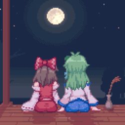 Rule 34 | 2girls, animated, animated gif, brown hair, couple, detached sleeves, closed eyes, face-to-face, female focus, full moon, green hair, hair ornament, hair tubes, hakurei reimu, holding hands, kiss, kochiya sanae, kyako youkan, lowres, moon, multiple girls, night, non-repeating animation, pixel art, star (symbol), touhou, wheat, yuri
