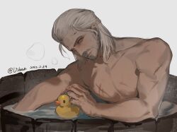 Rule 34 | 1boy, bathing, chinese commentary, collarbone, commentary request, dated, geralt of rivia, highres, male focus, medium hair, muscular, muscular male, parted lips, partially submerged, rubber duck, scar, scar on chest, signature, solo, the witcher (series), the witcher 3, vihua6, white eyes, white hair, wooden bathtub