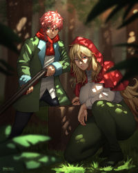 Rule 34 | 1boy, 1girl, blonde hair, blue eyes, breasts, breikka, briefcase, coat, dappled sunlight, day, forest, grass, grimm (red hood), gun, highres, holding, holding weapon, hood, large breasts, long hair, nature, pine tree, pink hair, plant, ponytail, red hood, red hood (kawaguchi), scarf, serious, shoes, short hair, shotgun, squatting, sunlight, tree, velou (red hood), weapon