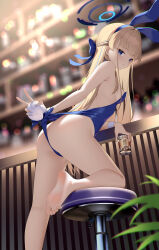 Rule 34 | 1girl, absurdres, animal ears, ass, back, bare legs, bare shoulders, barefoot, bingchuan xian yu huang, blonde hair, blue archive, blue eyes, blue leotard, blush, braid, breasts, butt crack, cup, drinking glass, fake animal ears, fake tail, feet, french braid, halo, highleg, highleg leotard, highres, legs, leotard, long hair, looking at viewer, looking back, plant, playboy bunny, rabbit ears, rabbit tail, small breasts, soles, solo, stool, tail, thighs, toes, toki (blue archive), toki (bunny) (blue archive), wedgie, wrist cuffs
