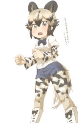Rule 34 | 10s, african wild dog (kemono friends), african wild dog print, animal ears, boots, bow, bowtie, breast pocket, commentary request, denim, denim shorts, dog ears, dog tail, dress shirt, from below, highres, kemono friends, pantyhose under shorts, long sleeves, multicolored hair, open mouth, pantyhose, pocket, shirt, short hair, shorts, simple background, solo, tail, thin (suzuneya), translation request, white background