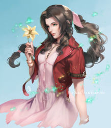 Rule 34 | 1girl, absurdres, aerith gainsborough, artist name, bracelet, brown hair, copyright name, cropped jacket, dress, final fantasy, final fantasy vii, flower, gradient background, green eyes, hand up, highres, holding, holding flower, jacket, jewelry, lanyard, leather, leather jacket, light particles, light smile, lips, long hair, looking away, low-tied long hair, nose, open clothes, open jacket, orchid, parted hair, pink dress, ponytail, realistic, red jacket, shiyuu (shiyu), short sleeves, sidelocks, signature, solo, upper body