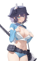 Rule 34 | 1girl, absurdres, aqua eyes, bikini, blue archive, breasts, cleavage cutout, clothing cutout, commentary request, gun, halo, headgear, highres, large breasts, looking at viewer, official alternate costume, purple hair, purple headwear, raglan sleeves, saki (blue archive), saki (swimsuit) (blue archive), short hair, simple background, solo, sukaliya, swimsuit, thighs, weapon, white background
