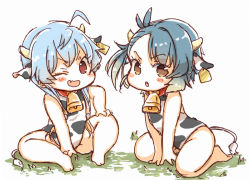 Rule 34 | 2girls, ahoge, animal ears, animal print, bare arms, bare legs, barefoot, bell, neck bell, blue hair, breasts, brown eyes, chinese zodiac, collar, commentary request, cow ears, cow girl, cow horns, cow print, cow tail, cowbell, ear tag, fang, fukae (kancolle), grass, horns, kantai collection, miko (35nikomi), multiple girls, one eye closed, open mouth, sado (kancolle), short hair, siblings, sitting, tail, translation request, year of the ox