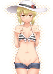 Rule 34 | 1girl, bikini, bikini top only, blonde hair, blush, breasts, brown eyes, clothes pull, collarbone, crescent, groin, halftone, halftone background, hat, highres, looking at viewer, lunasa prismriver, navel, no panties, open bikini, open clothes, open fly, open shorts, short shorts, shorts, shorts pull, solo, striped bikini, striped clothes, swimsuit, touhou, underboob, unzipped, yoshi tama