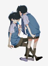 Rule 34 | 2girls, arm support, between legs, black footwear, black hair, blue hair, blue sweater vest, breasts, brown pantyhose, brown skirt, brown socks, collared shirt, colored inner hair, commentary, covered eyes, eating, facing another, food, full body, gr 7, hair over eyes, hair over shoulder, hand up, highres, holding, holding food, invisible chair, kneehighs, leaning forward, loafers, long hair, low twintails, miniskirt, multicolored hair, multiple girls, original, pantyhose, pleated skirt, popsicle, sharing food, shirt, shoes, short sleeves, simple background, sitting, skirt, small breasts, socks, standing, sweater vest, symbol-only commentary, twintails, two-tone hair, white background, white footwear