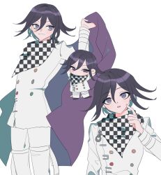 Rule 34 | 1boy, black hair, buttons, checkered clothes, checkered scarf, cowboy shot, d:, danganronpa (series), danganronpa v3: killing harmony, double-breasted, hair between eyes, hand up, highres, holding, holding clothes, holding jacket, jacket, long sleeves, male focus, multiple views, oma kokichi, open mouth, pants, pink eyes, pink jacket, roneco, scarf, simple background, teeth, upper body, upper teeth only, white background, white pants