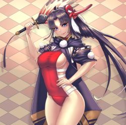 Rule 34 | 1girl, alternate breast size, alternate costume, arched back, black cape, black hair, breasts, cape, commentary request, covered navel, cowboy shot, fate/grand order, fate (series), feather fan, hair ornament, hand fan, hand on own hip, head tilt, holding, holding fan, kazto furuya, long hair, looking at viewer, mask, mask on head, medium breasts, one-piece swimsuit, parted bangs, pink lips, red one-piece swimsuit, side ponytail, sideboob, smile, solo, swimsuit, tengu mask, thighs, tile wall, tiles, ushiwakamaru (fate), ushiwakamaru (swimsuit assassin) (third ascension) (fate), very long hair