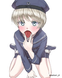 Rule 34 | 10s, 1girl, bad id, bad pixiv id, blue eyes, blush, clothes writing, cunnilingus gesture, dress, finger in own mouth, hat, highres, kantai collection, notori d, oral invitation, sailor dress, sailor hat, sexually suggestive, short hair, silver hair, sitting, solo, tongue, tongue out, twitter username, wariza, yonic symbol, z1 leberecht maass (kancolle)