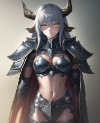 Rule 34 | 1girl, armor, demon girl, female focus, gradient background, horns, long hair, looking at viewer, simple background, solo, standing, sweat, upper body, warrior